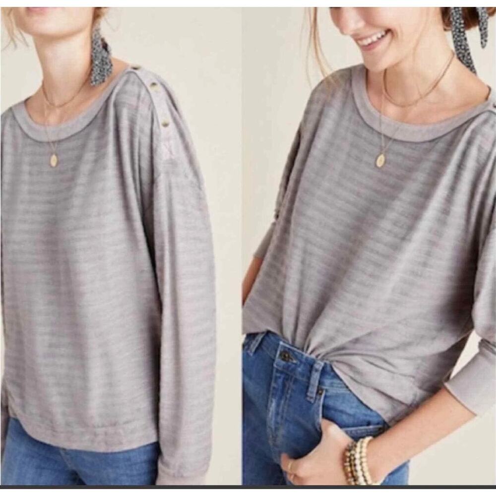 Anthropologie Delilah Button Shoulder Long Sleeve Top - M Gray Muted Stripes
